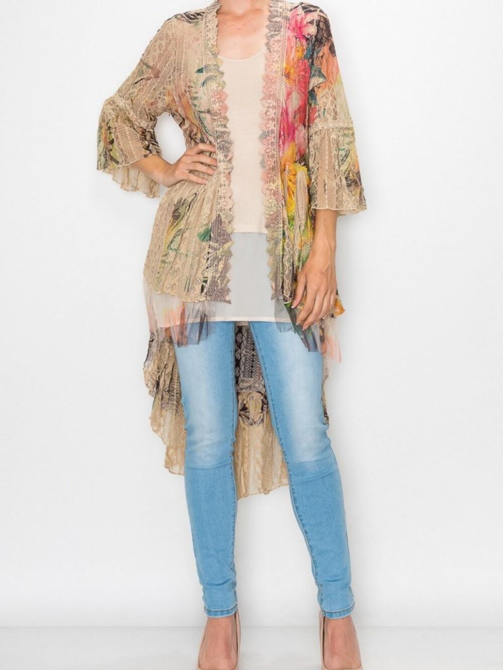 new ORIGAMI TROPICAL HAWAIIAN ALL LACE CARDIGAN KIMONO western boho CHIC SM-4X - Picture 9 of 11